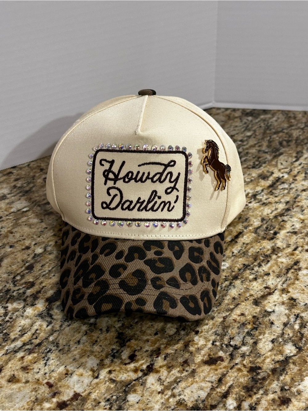 Boujee Howdy Darlin' Embellished Cowboy Hat - Cream & Leopard